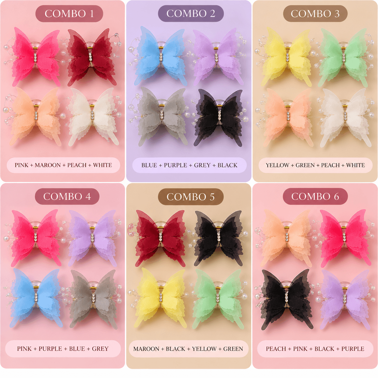 Women & Girls Butterfly Pearl Hair Claw Clip | Pastel Organza Layered Butterfly Hair Accessory | Decorative Rhinestone Hair Clip