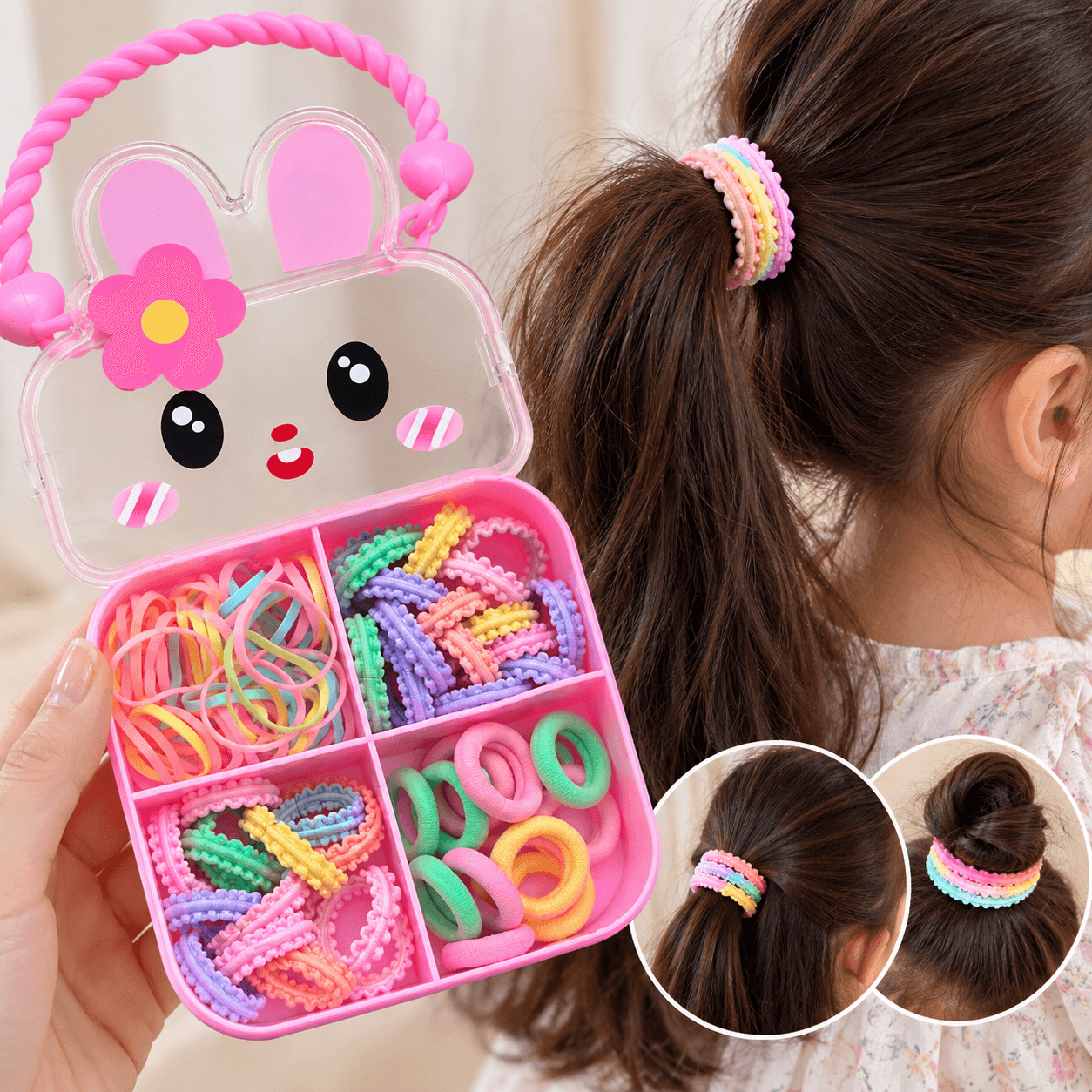 Cute Bunny Hair Accessories Organizer Box with Hair Ties & Mini Hair Claw Clips for Girls