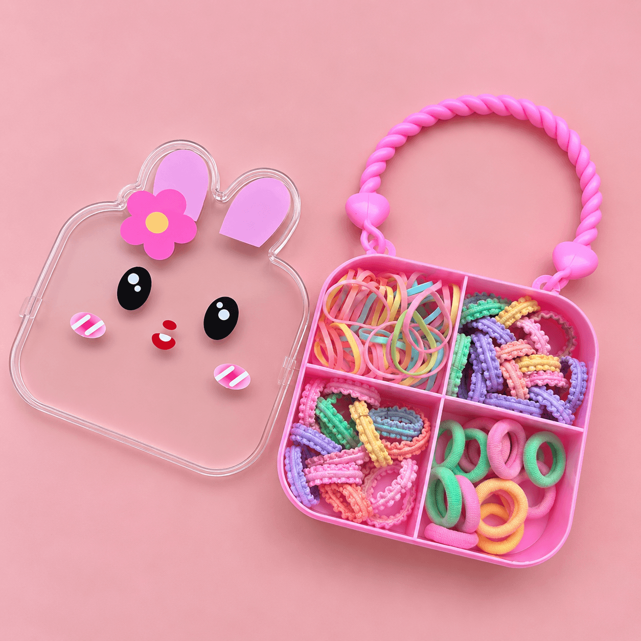 Cute Bunny Hair Accessories Organizer Box with Hair Ties & Mini Hair Claw Clips for Girls