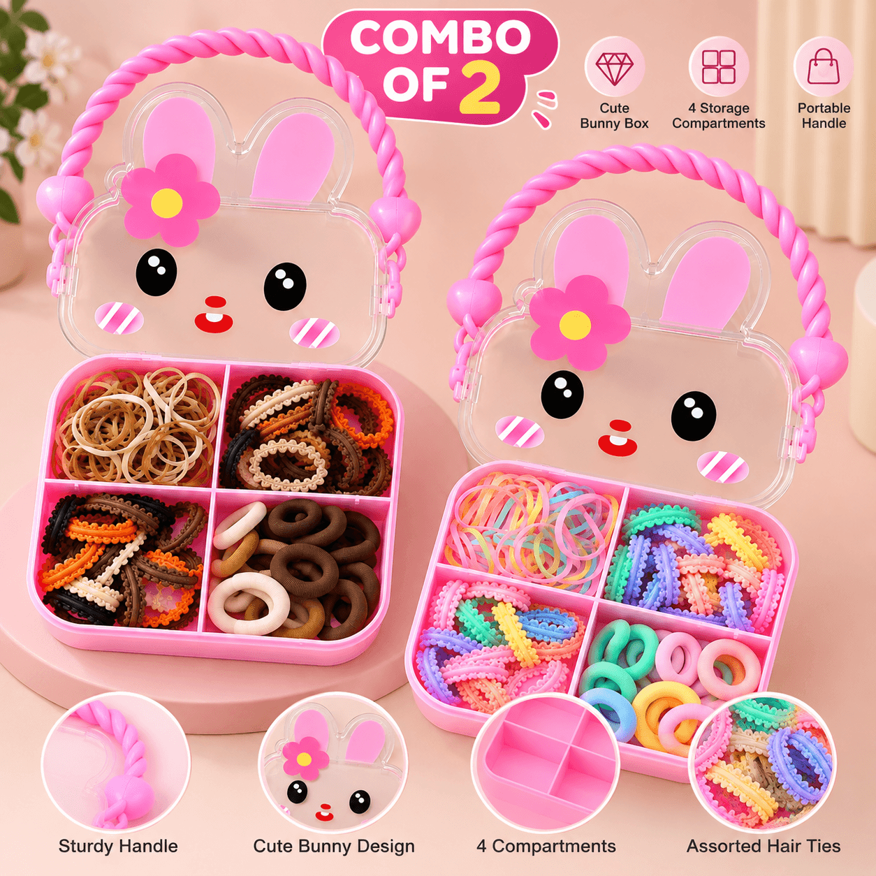 Cute Bunny Hair Accessories Organizer Box Combo of 2 | Multi-Compartment Storage Case for Hair Ties, Rubber Bands