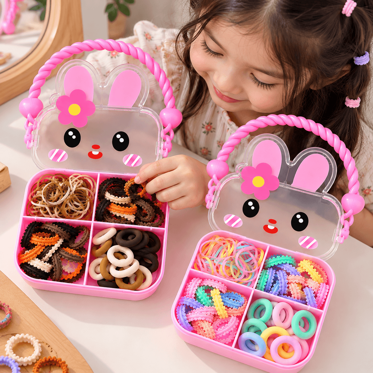 Cute Bunny Hair Accessories Organizer Box Combo of 2 | Multi-Compartment Storage Case for Hair Ties, Rubber Bands