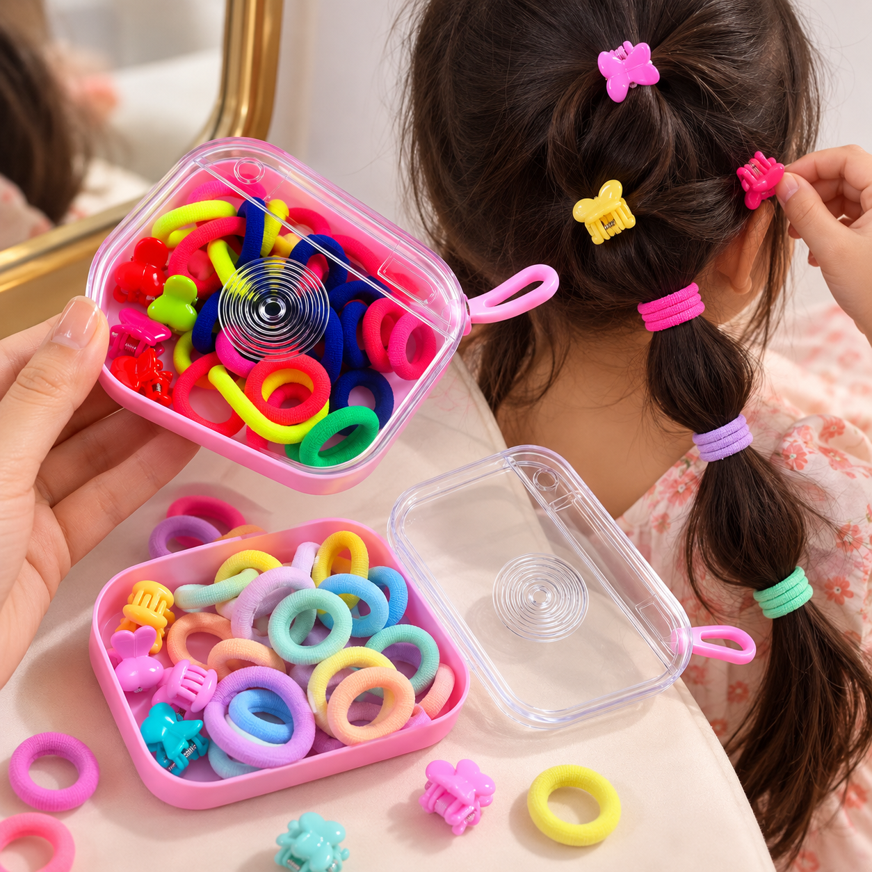 Girls Hair Accessories Organizer Box Combo of 2 | Camera Style Storage Case with Hair Ties & Mini Hair Clips